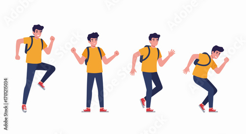 Young man with backpack in dynamic poses showing energy, success, running, walking, and joy, perfect for student life, achievement, and moving forward.
