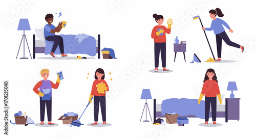 People performing various cleaning and tidying tasks at home, including making beds, sweeping, wiping surfaces, and organizing.