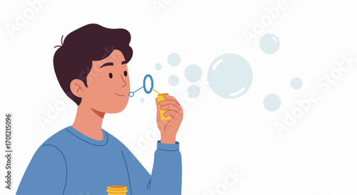 Cheerful person blowing soap bubbles, vector illustration of joy and simple pleasures on a clean background.