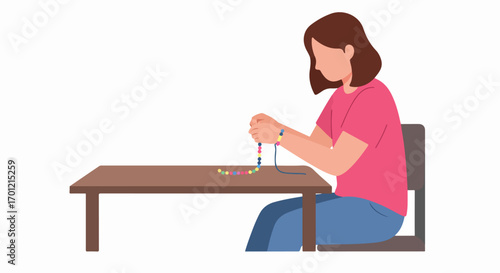 Woman crafting colorful beaded jewelry at a table, enjoying a creative DIY hobby. Flat vector illustration of handmade art project.