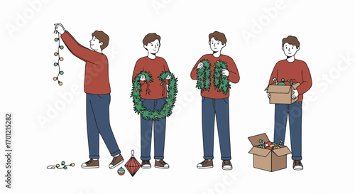 Young Man Preparing for Christmas: Decorating with Lights, Wreaths, Garlands, and Ornaments for a Festive Holiday Season.