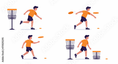 Illustration of a man playing disc golf, demonstrating the throwing process from preparing to throw, mid-air disc, and successfully landing it in the basket.