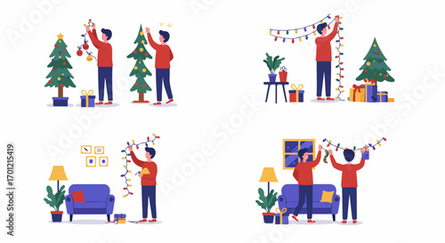 People Decorating for Christmas Holiday, Setting Up Festive Lights and Ornaments on Trees and Around the Home