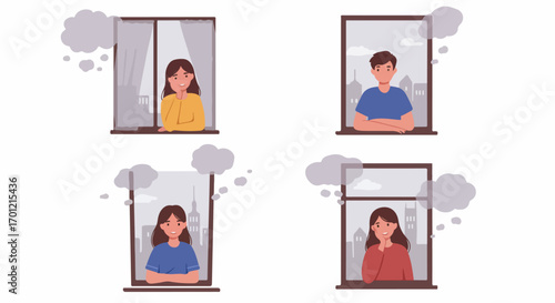 People looking out of windows in a city with thought bubbles, illustrating urban life, neighbors, and individual reflections or virtual connections.