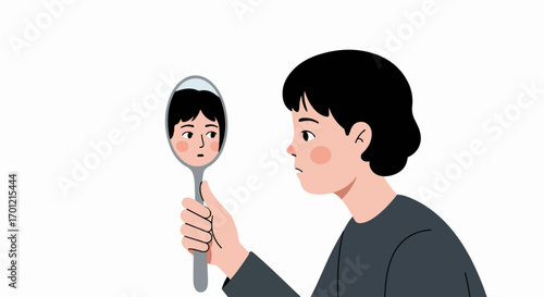 Person looking at their distorted reflection in a spoon, contemplating self-image, perception, and self-doubt, on a clean white background.
