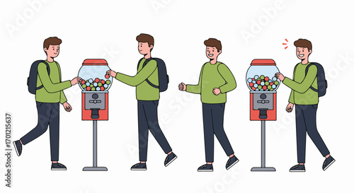 Young man happily gets a gumball from a colorful vending machine, illustrating simple joy and a sweet treat experience.