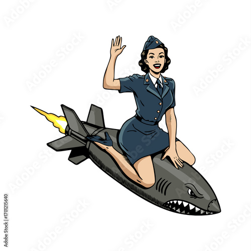 retro pinup girl military riding rocket 