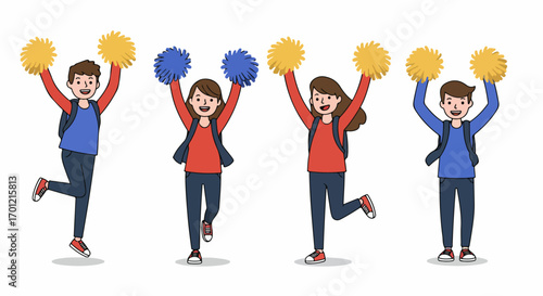 Energetic cartoon students with pom-poms jumping and cheering, celebrating school spirit, success, and youth. Diverse male and female characters expressing joy.