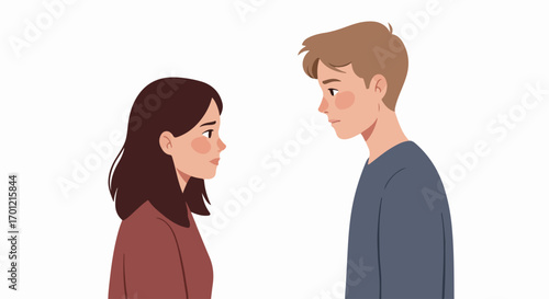 Young man and woman looking at each other in profile with pensive expressions, depicting a quiet moment of contemplation or a serious relationship discussion.