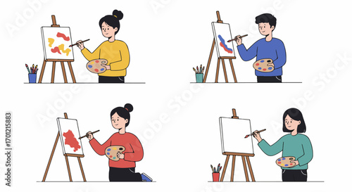 Diverse individuals enjoy creative art painting on easels with palettes and brushes, depicting artistic expression and leisure activities.