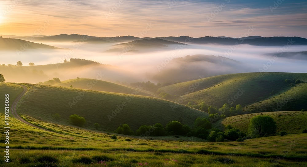 Obraz premium Experience serene rolling hills bathed in golden sunrise light with misty mountain views, nature's peaceful embrace