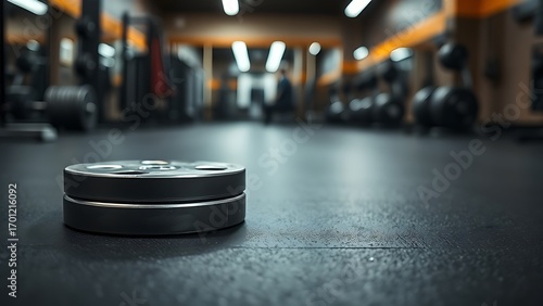 A solitary weight plate on rubber flooring with metallic reflections in soft gym lighting.