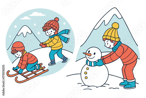 Children playing in the snow vector illustration
