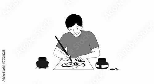 Illustrative depiction of a person practicing brush calligraphy or drawing with ink and paper, showcasing artistic expression and traditional art skills.