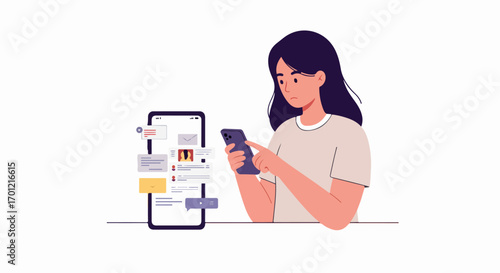 Woman overwhelmed by a flood of social media notifications and digital messages on her smartphone, depicting online communication and information overload.
