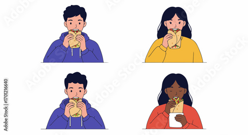 Diverse Young Adults Happily Eating Burritos and Wraps - Flat Illustration Set.
