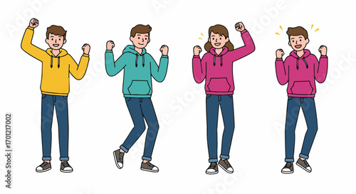 Diverse group of young people in casual hoodies celebrating success with energetic raised fists and joyful expressions. Youthful triumph and achievement concept.