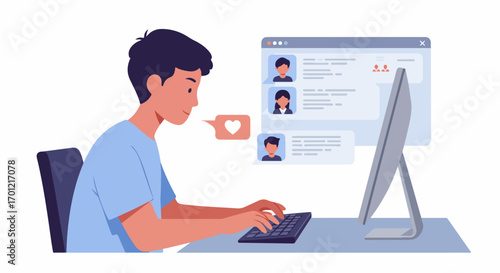 Young man engaging in online communication or social networking, receiving a 'like' or 'love' on his desktop computer.