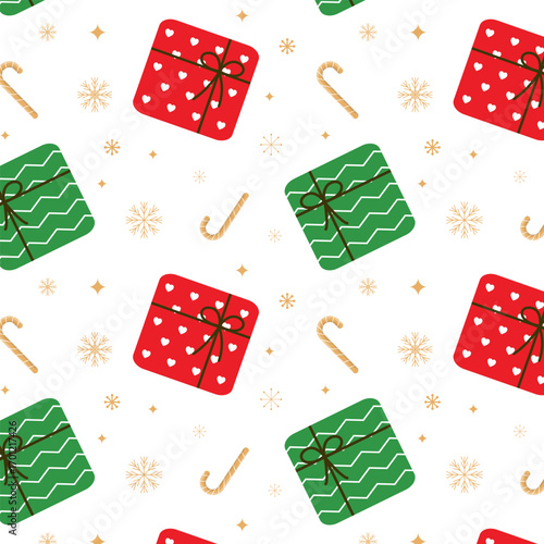 Christmas ornaments seamless pattern with colorful gift boxes, candy canes and snowflakes  isolated on white background.Present repeat pattern.Vector graphic  illustration wallpaper.
