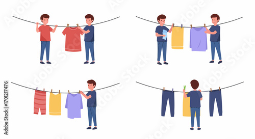 A man performs various tasks related to hanging clothes on a clothesline, depicting daily chores and household activities.