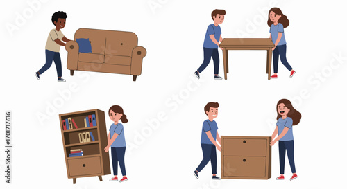 Young people moving various furniture pieces like a sofa, table, bookshelf, and cabinet, depicting home relocation and teamwork in a flat illustration style.