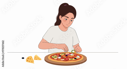 Young woman enthusiastically preparing a delicious homemade pizza with fresh vegetables and cheese, enjoying the cooking process at home.