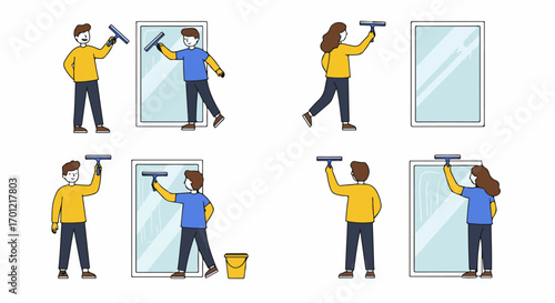 Cartoon characters cleaning windows with squeegees, illustrating household chores and professional cleaning services.