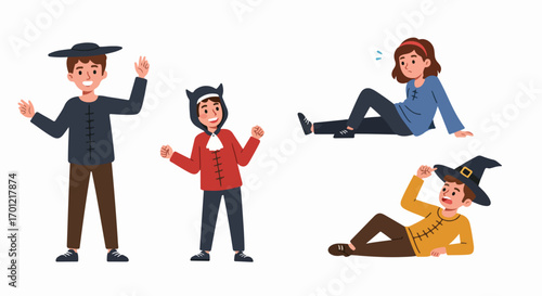 Whimsical cartoon characters in historical-style costumes expressing diverse emotions and actions.