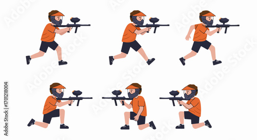 Animated character playing paintball in various action poses, including running and kneeling, on a clean white background, depicting competitive outdoor sports.