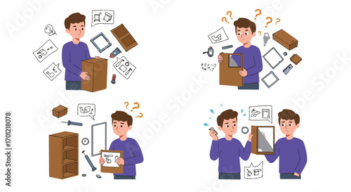 Man struggling with DIY furniture assembly, facing confusion, frustration, and eventual breakage, highlighting the challenges of self-assembly and home improvement.