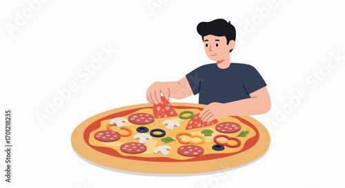 Young man happily taking a slice from a large, delicious pizza topped with pepperoni, vegetables, and mushrooms, perfect for a casual meal.