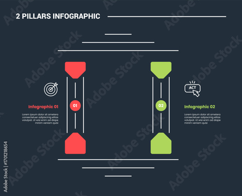 2 pillars infographic process diagram with round triangle shape with opposite direction with dark background bright outline style 2 points