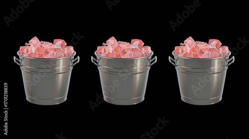 Realistic Rendered Shiny Metal Buckets with Pink Ice Cubes Illustration