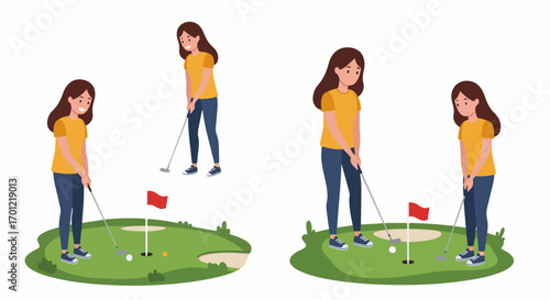 Young Woman Playing Golf: Putting on the Green with Focus and Enjoyment
