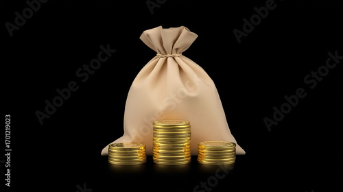 Realistic Rendered Money Sack and Gold Coin Stack Investment Concept