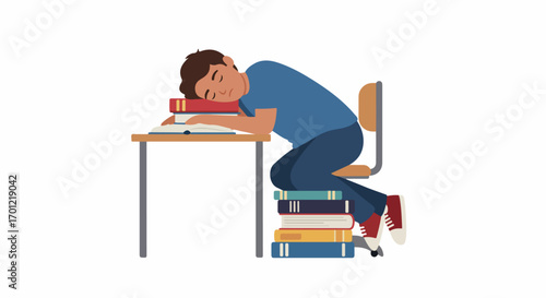 Exhausted student sleeping on a stack of books at a desk, symbolizing academic stress, overwork, and burnout from intense study sessions, needing rest.