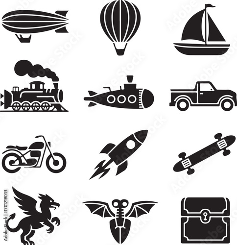 Set of black silhouette icons representing various modes of transport and fantasy creatures