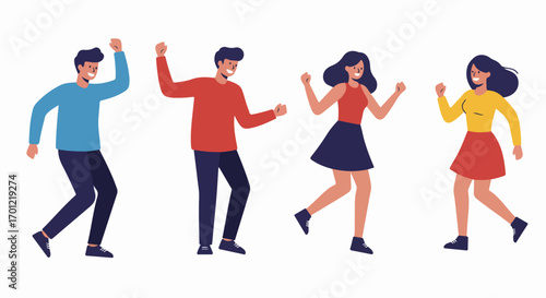 Happy young people celebrating and dancing together, expressing joy and freedom. Flat vector illustration on white background.