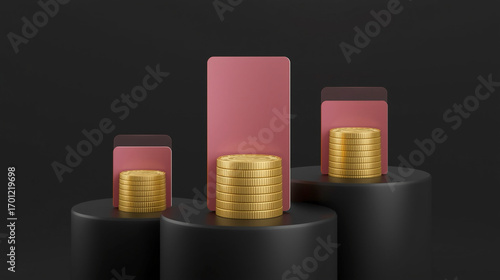 Minimalist Golden Coin Stack on Black Podium Growth Success Stage