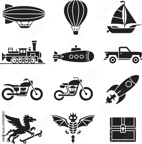 Set of black silhouette icons representing various modes of transport and fantasy creatures