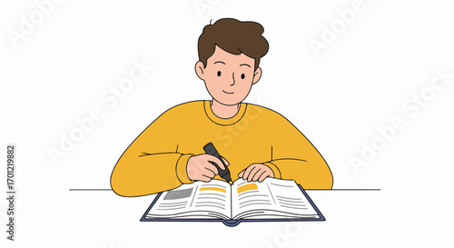 Young man highlighting text in an open book, diligently studying for academic success and knowledge acquisition. Education concept illustration.