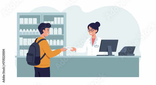 Smiling Man Submitting Prescription to Friendly Pharmacist at a Modern Pharmacy Counter