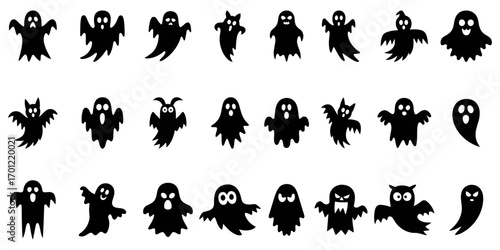Collection of spooky black ghost silhouettes for halloween. set of silhouettes of spooky ghost
