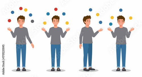 Happy young man juggling multiple colorful balls, illustrating skill, multitasking, and effectively managing various tasks or challenges.