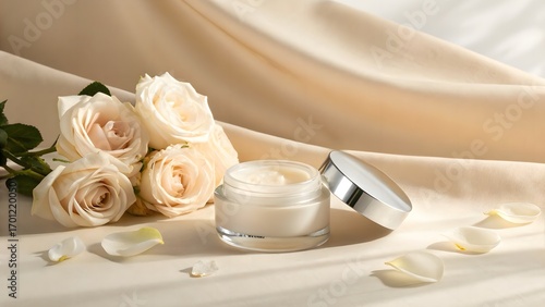 Skincare Jar on Beige Minimal Glow. Cream jar on pale beige textured background, minimal styling and morning glow.