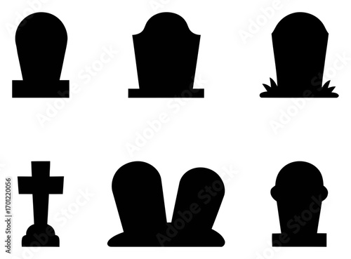Collection of silhouetted gravestone and tombstone icons