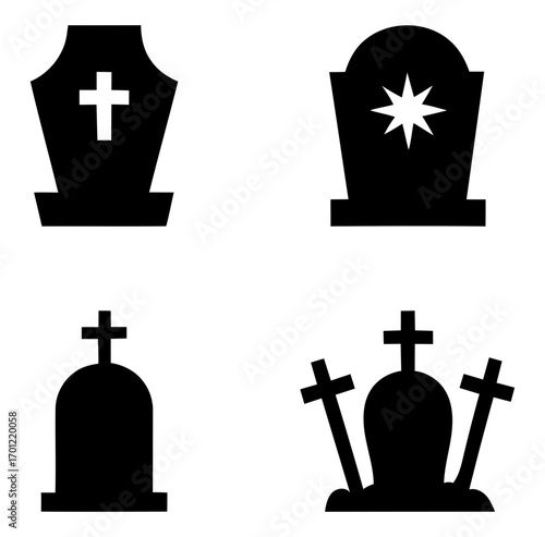 silhouette tombstone icons with crosses and star. set of icons