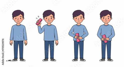 Young Man's Emotional Reaction Sequence to His Smartphone Battery Dying, Illustrating Modern Digital Dependency and Frustration