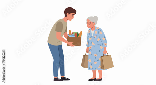 Young man helping an elderly woman with groceries, demonstrating kindness, community support, and intergenerational care.