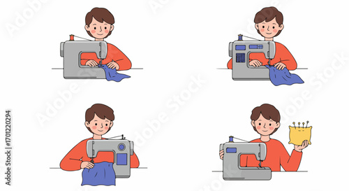 Illustration of a person happily sewing with a machine, showing various stages of the creative process, from stitching fabric to holding a pincushion for needlework.